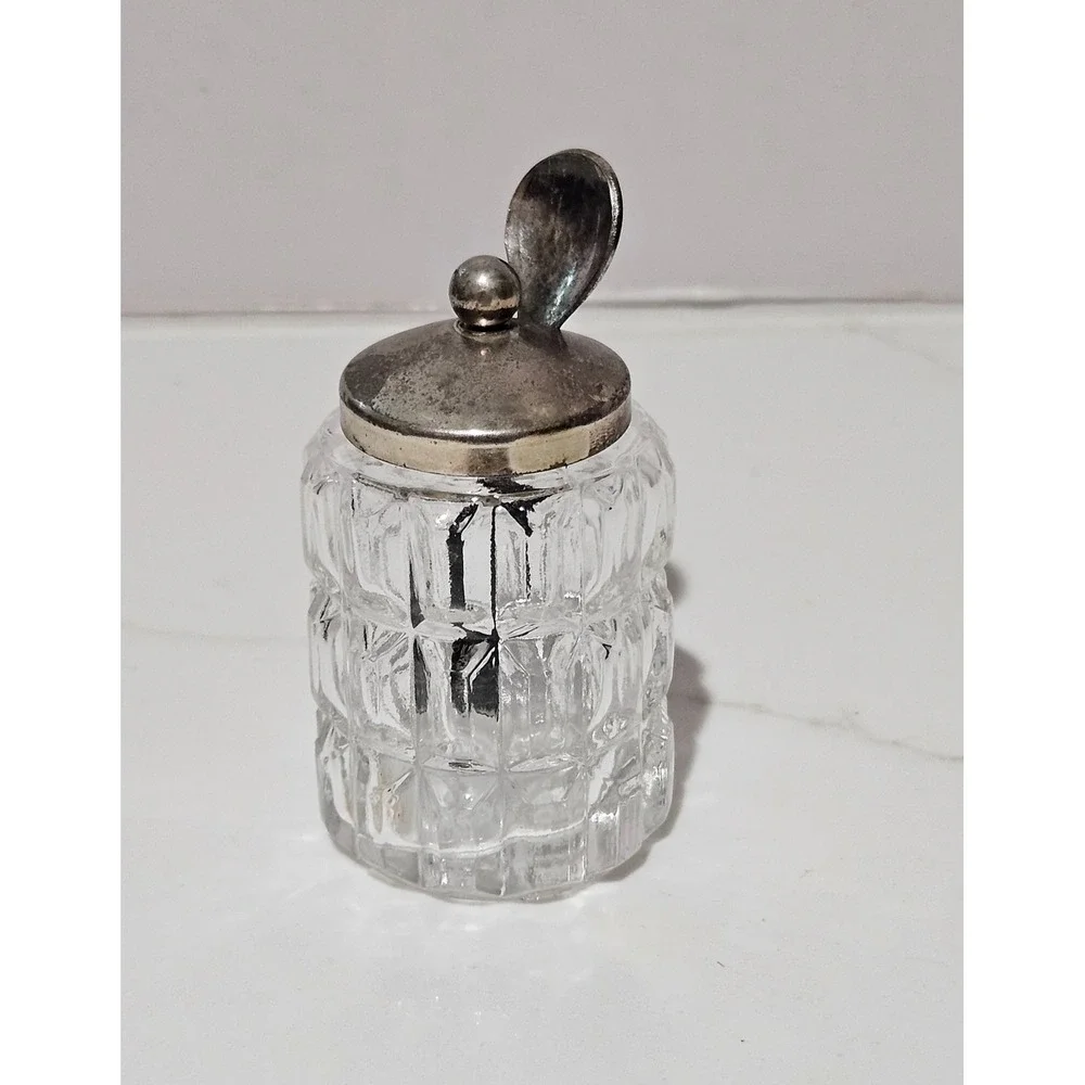 Vintage Made in England Glass Mustard Pot Condiment Jar with Lid and Spoon Set